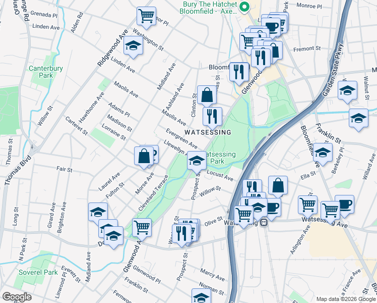 map of restaurants, bars, coffee shops, grocery stores, and more near 42 Evergreen Avenue in Bloomfield