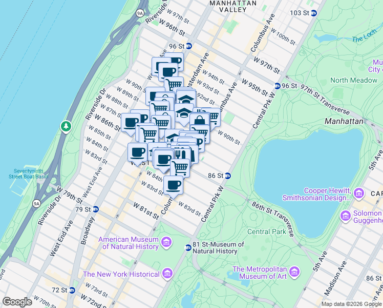 map of restaurants, bars, coffee shops, grocery stores, and more near 136w West 88th Street in New York