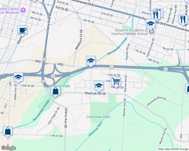 map of restaurants, bars, coffee shops, grocery stores, and more near 1114 Gonder Avenue Southeast in Canton