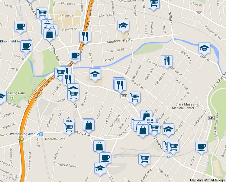 map of restaurants, bars, coffee shops, grocery stores, and more near 165 Franklin Street in Bloomfield