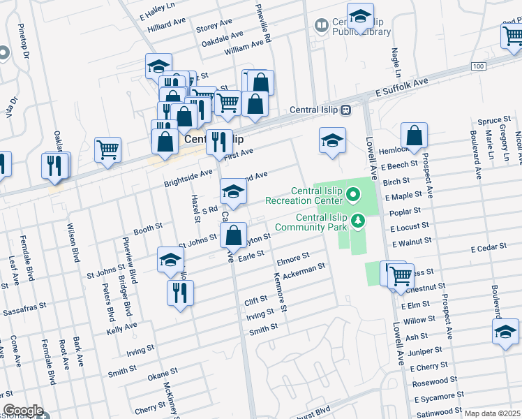 map of restaurants, bars, coffee shops, grocery stores, and more near 20 Third Avenue in Central Islip