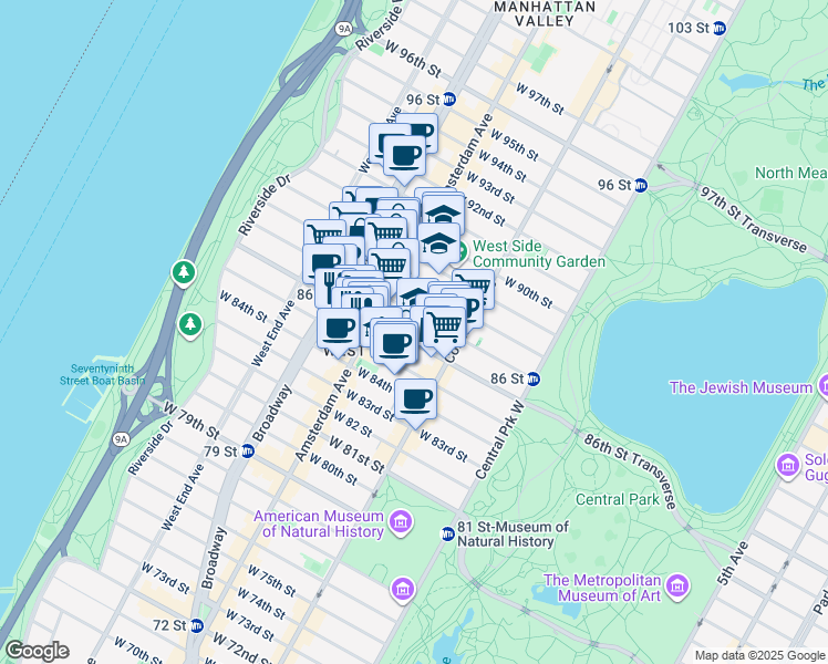 map of restaurants, bars, coffee shops, grocery stores, and more near 145 West 86th Street in New York