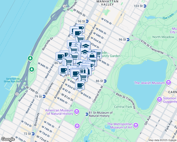 map of restaurants, bars, coffee shops, grocery stores, and more near 101 West 87th Street in New York