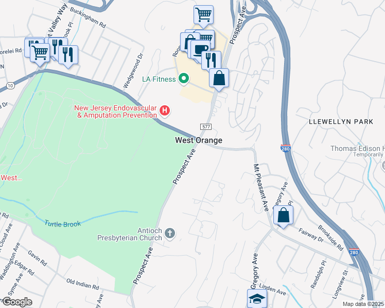 map of restaurants, bars, coffee shops, grocery stores, and more near 510 Prospect Avenue in West Orange
