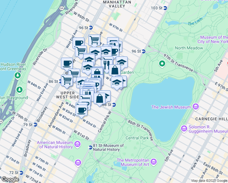 map of restaurants, bars, coffee shops, grocery stores, and more near 20 West 89th Street in New York