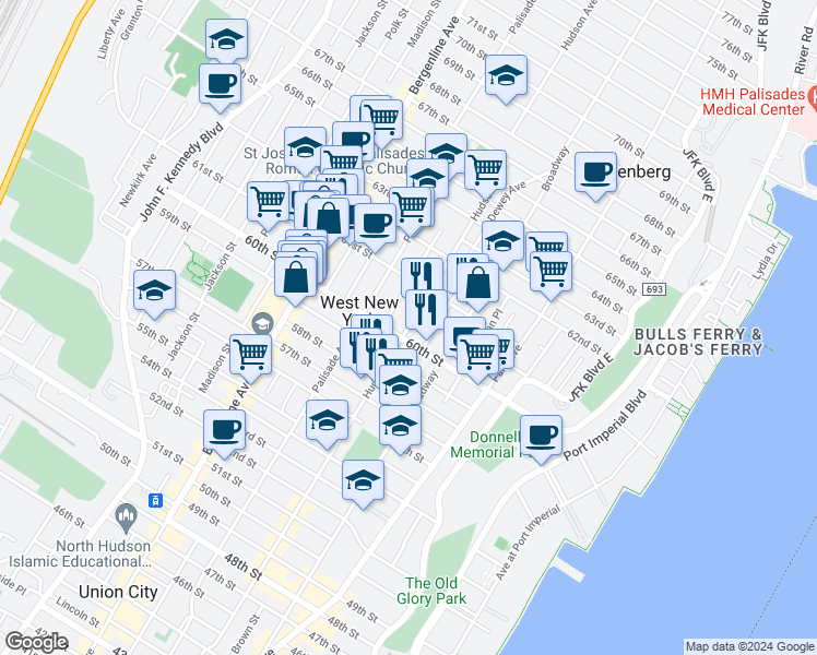 map of restaurants, bars, coffee shops, grocery stores, and more near 6015 Monroe Place in West New York