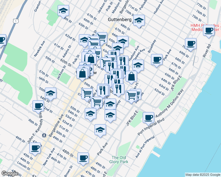 map of restaurants, bars, coffee shops, grocery stores, and more near 6015 Monroe Place in West New York