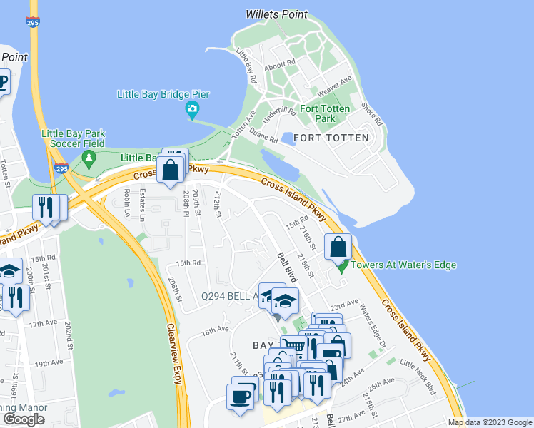 map of restaurants, bars, coffee shops, grocery stores, and more near 14-04 Waters Edge Drive in Queens