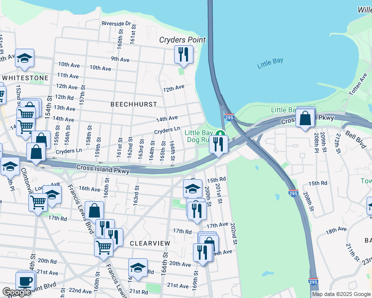 map of restaurants, bars, coffee shops, grocery stores, and more near 14-52 Utopia Parkway in Queens