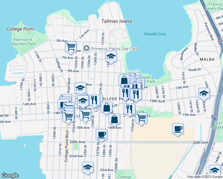 map of restaurants, bars, coffee shops, grocery stores, and more near 129-01 11th Avenue in Queens