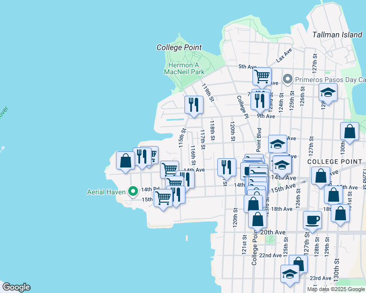 map of restaurants, bars, coffee shops, grocery stores, and more near 10-25 115th Street in Queens
