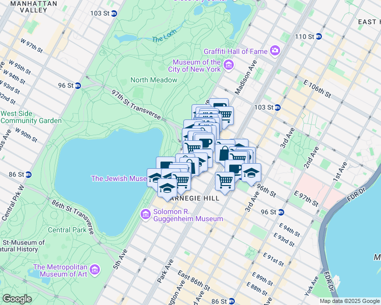 map of restaurants, bars, coffee shops, grocery stores, and more near 12 East 97th Street in New York