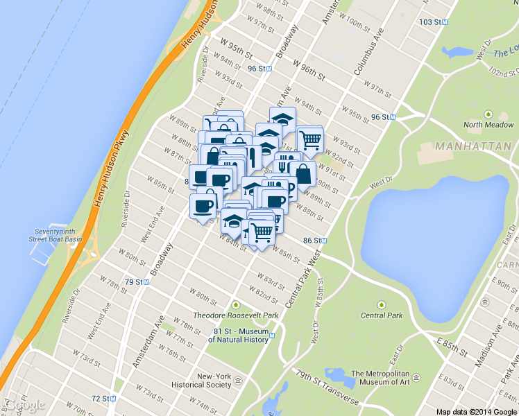 map of restaurants, bars, coffee shops, grocery stores, and more near 136 West 88th Street in New York