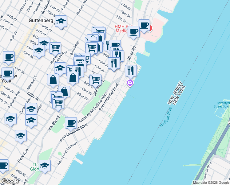map of restaurants, bars, coffee shops, grocery stores, and more near 251 Halfmoon Court in West New York