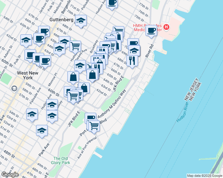 map of restaurants, bars, coffee shops, grocery stores, and more near 6401 Boulevard East in West New York