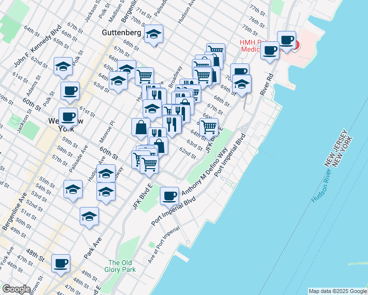 map of restaurants, bars, coffee shops, grocery stores, and more near 44 63rd Street in West New York