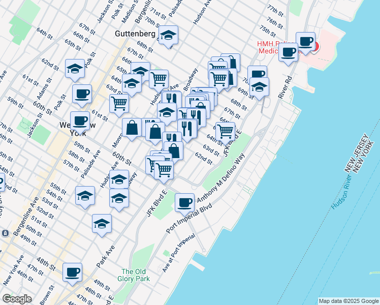 map of restaurants, bars, coffee shops, grocery stores, and more near 6311 Park Avenue in West New York