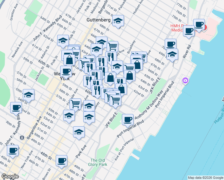 map of restaurants, bars, coffee shops, grocery stores, and more near 202 61st Street in West New York