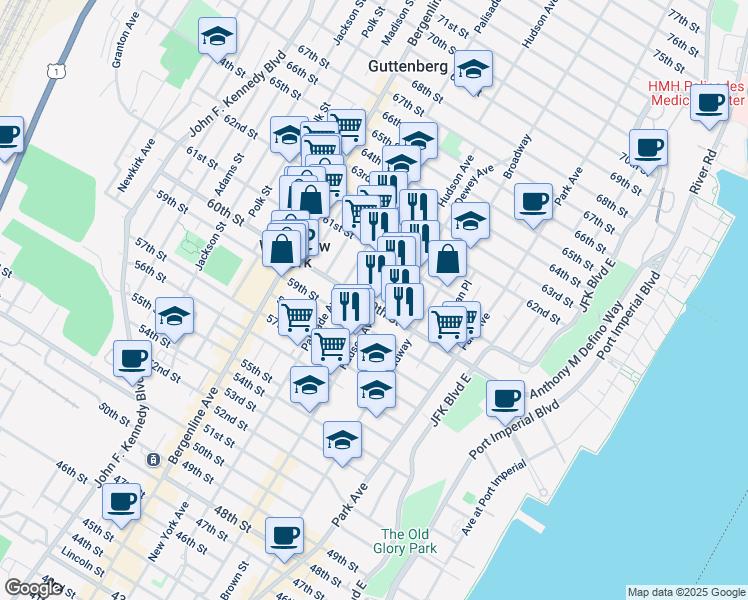 map of restaurants, bars, coffee shops, grocery stores, and more near 6015 Monroe Place in West New York