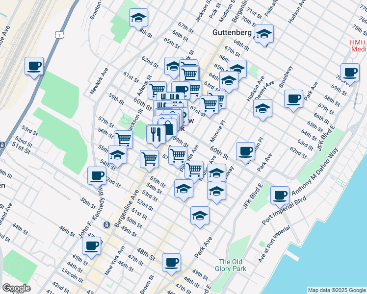 map of restaurants, bars, coffee shops, grocery stores, and more near 434 59th Street in West New York