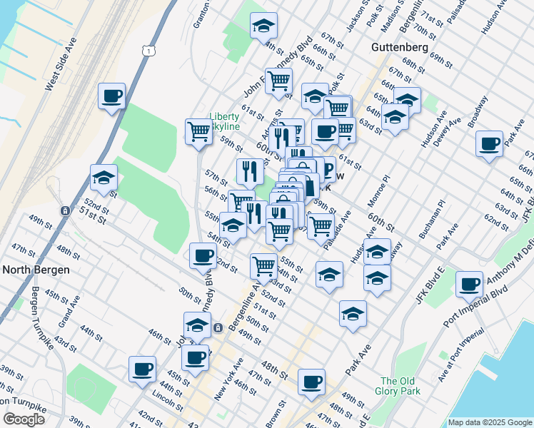 map of restaurants, bars, coffee shops, grocery stores, and more near 5713 Madison Street in West New York