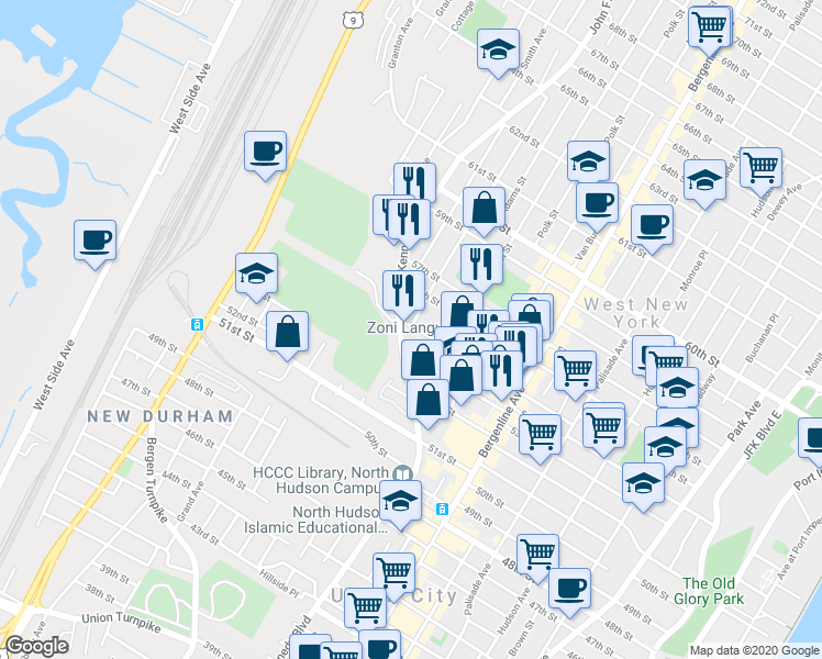 map of restaurants, bars, coffee shops, grocery stores, and more near in West New York