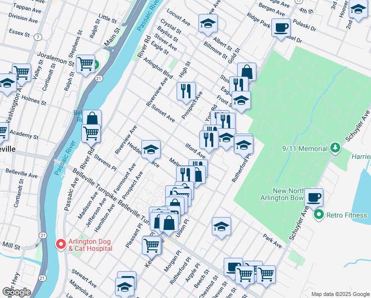map of restaurants, bars, coffee shops, grocery stores, and more near 71 Ilford Avenue in North Arlington