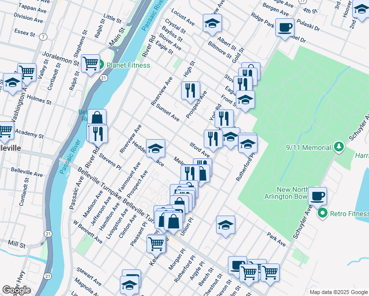 map of restaurants, bars, coffee shops, grocery stores, and more near 71 Ilford Avenue in North Arlington