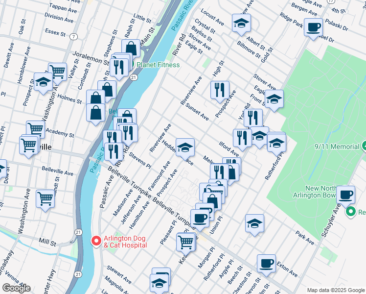 map of restaurants, bars, coffee shops, grocery stores, and more near 120 Melrose Avenue in North Arlington