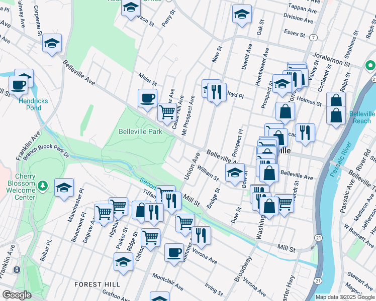 map of restaurants, bars, coffee shops, grocery stores, and more near 232 Belleville Avenue in Belleville
