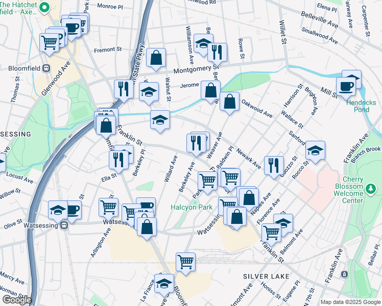 map of restaurants, bars, coffee shops, grocery stores, and more near 165 Franklin Street in Bloomfield