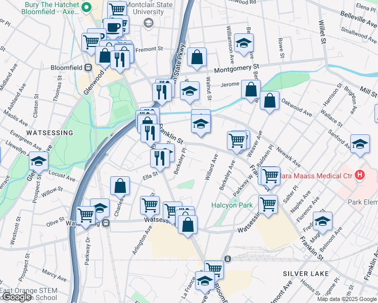 map of restaurants, bars, coffee shops, grocery stores, and more near 223 Franklin Street in Bloomfield