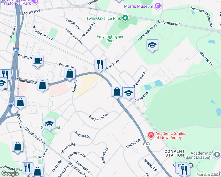 map of restaurants, bars, coffee shops, grocery stores, and more near 189 Madison Avenue in Morristown