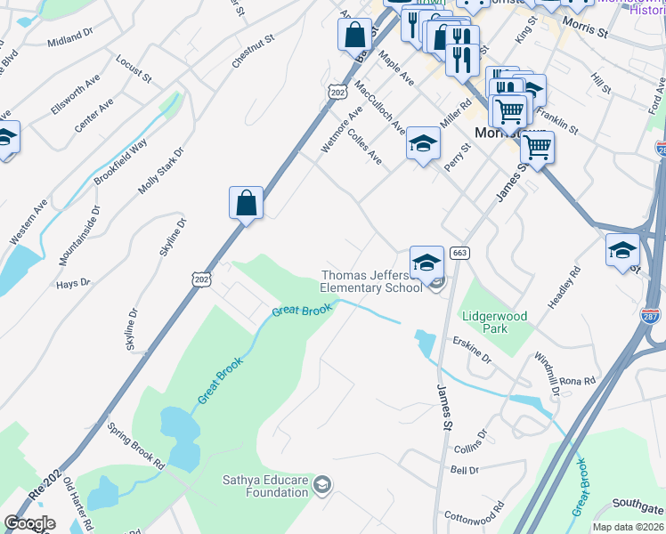 map of restaurants, bars, coffee shops, grocery stores, and more near 12 Vanderpool Drive in Morristown