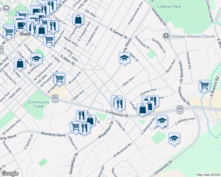 map of restaurants, bars, coffee shops, grocery stores, and more near 1108 South Pugh Street in State College