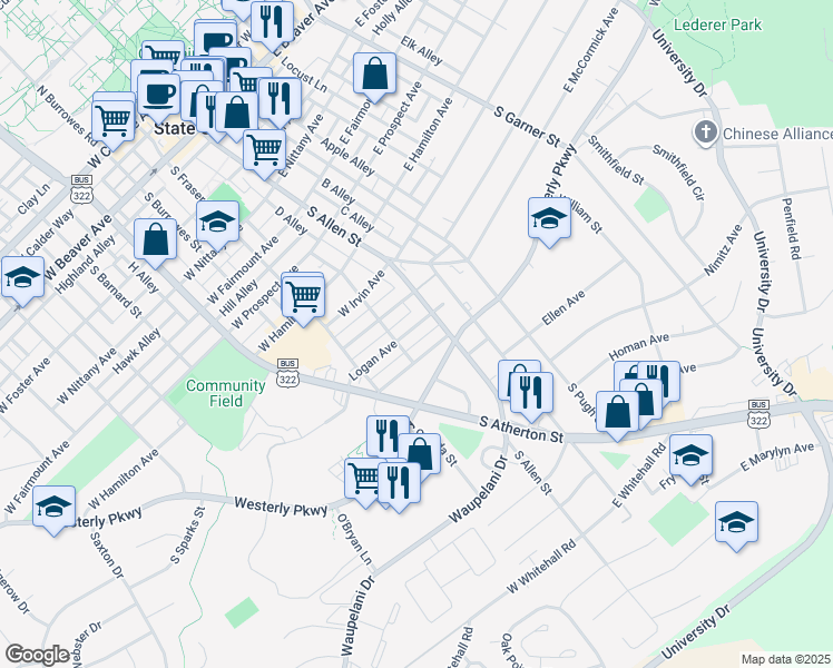 map of restaurants, bars, coffee shops, grocery stores, and more near 916 South Allen Street in State College