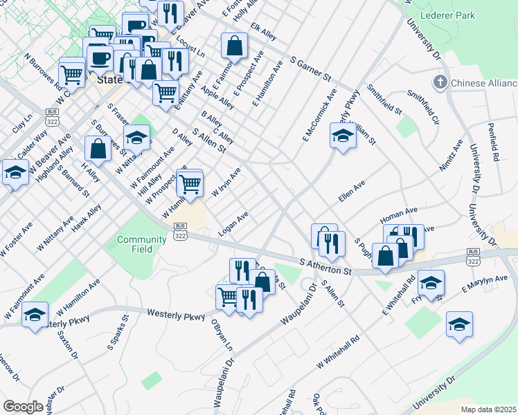 map of restaurants, bars, coffee shops, grocery stores, and more near 916 South Allen Street in State College