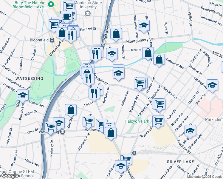 map of restaurants, bars, coffee shops, grocery stores, and more near 210 Franklin Street in Bloomfield