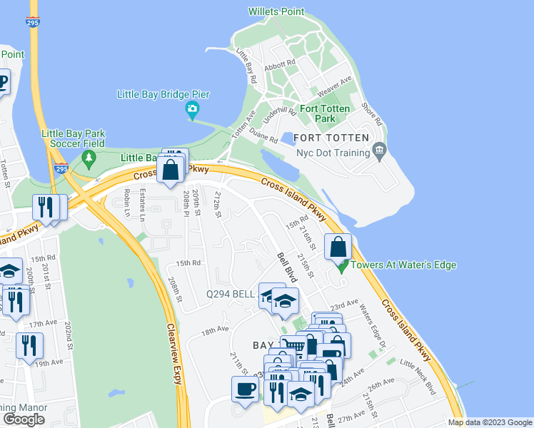 map of restaurants, bars, coffee shops, grocery stores, and more near 14-04 Waters Edge Drive in Queens