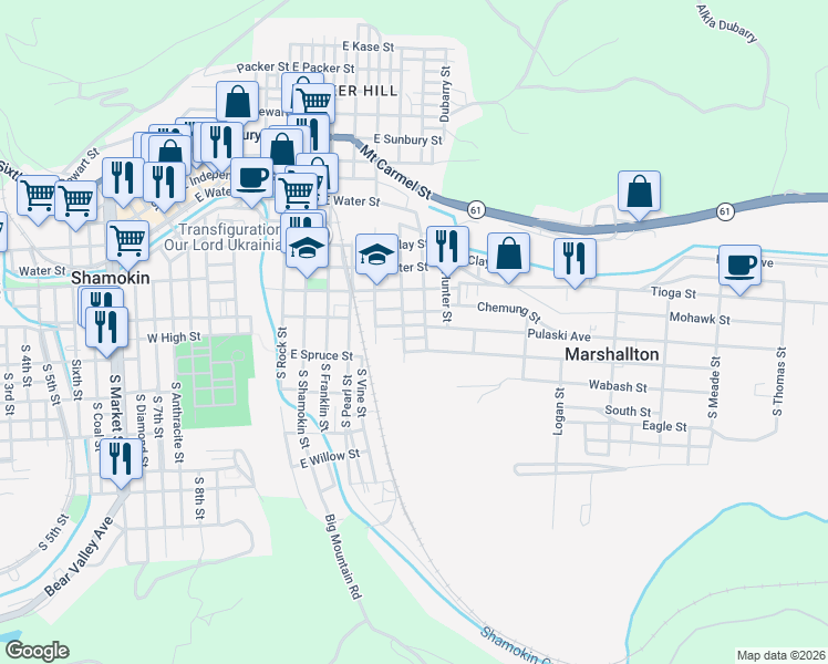 map of restaurants, bars, coffee shops, grocery stores, and more near 1001-1003 E Chestnut St in Shamokin