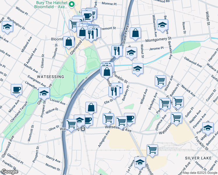 map of restaurants, bars, coffee shops, grocery stores, and more near 401 Bloomfield Avenue in Bloomfield