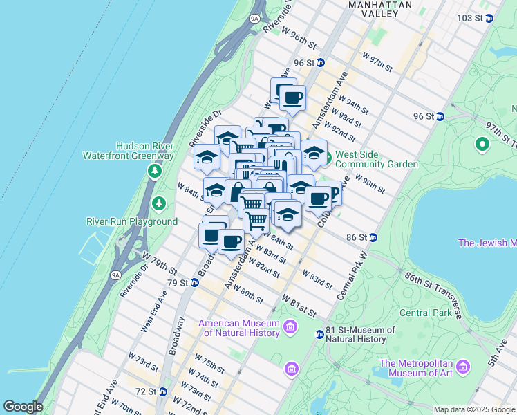 map of restaurants, bars, coffee shops, grocery stores, and more near 205 West 85th Street in New York