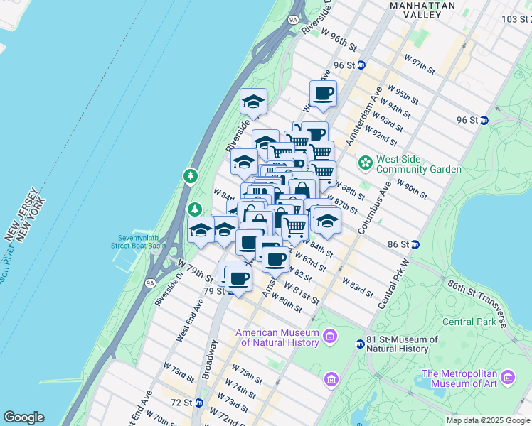 map of restaurants, bars, coffee shops, grocery stores, and more near 515 West End Avenue in New York