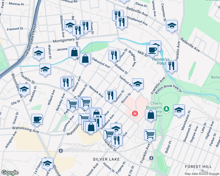 map of restaurants, bars, coffee shops, grocery stores, and more near 61 Watsessing Avenue in Belleville