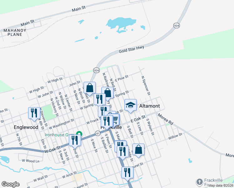 map of restaurants, bars, coffee shops, grocery stores, and more near 123 East Spring Street in Frackville