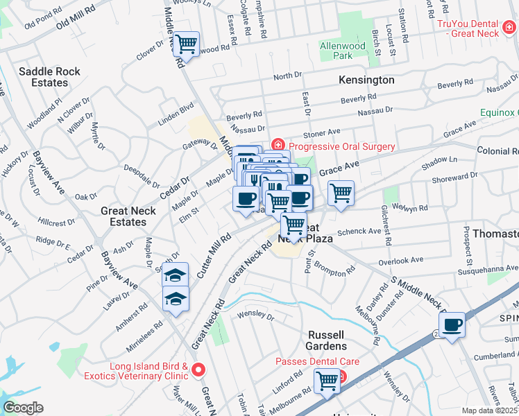 map of restaurants, bars, coffee shops, grocery stores, and more near 36 Middle Neck Road in Great Neck