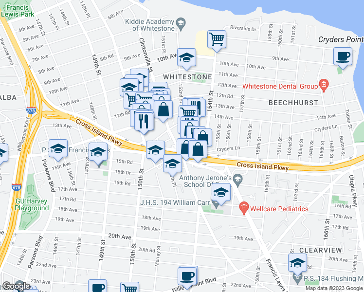 map of restaurants, bars, coffee shops, grocery stores, and more near 151-05 Cross Island Parkway in Queens