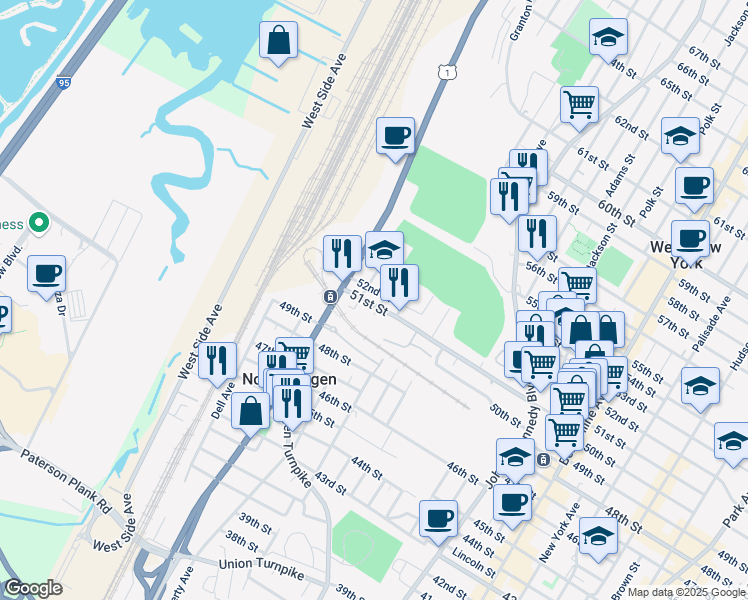 map of restaurants, bars, coffee shops, grocery stores, and more near 1612 52nd Street in North Bergen