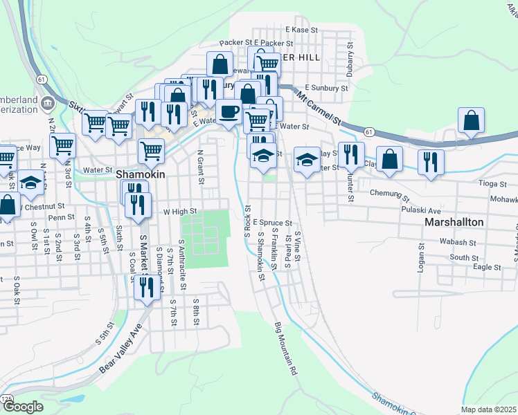 map of restaurants, bars, coffee shops, grocery stores, and more near 3 North Shamokin Street in Shamokin