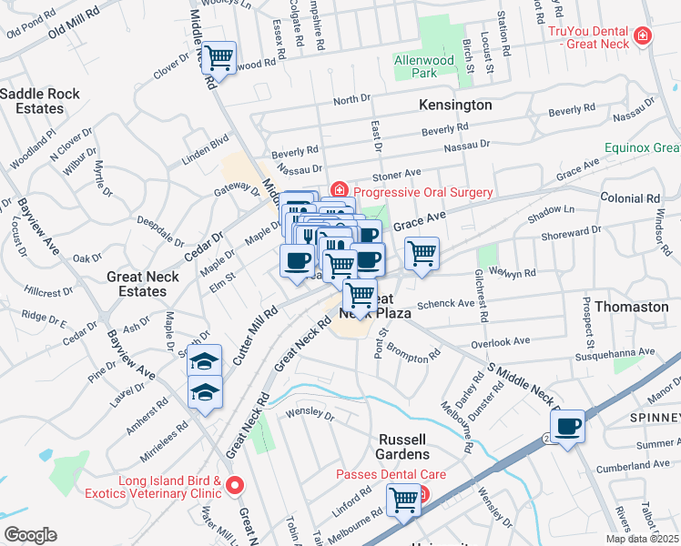 map of restaurants, bars, coffee shops, grocery stores, and more near 8 Bond Street in Great Neck Plaza